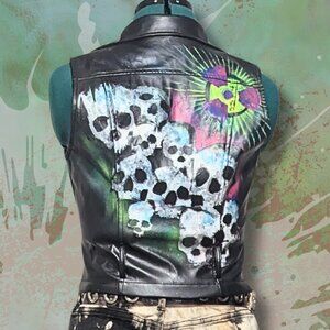 Hand Painted Vegan Leather Moto Vest Juniors M OOAK NWT